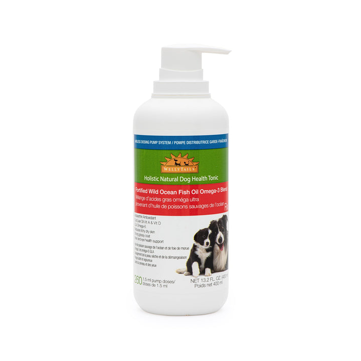 WellyTails Aceite de pescado del océano salvaje fortificado Mezcla de omega-3 Dog Rx BOMBA DOSIFICADORA SIN AIRE 400 ml