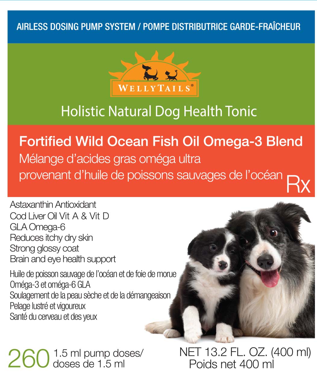 WellyTails Aceite de pescado del océano salvaje fortificado Mezcla de omega-3 Dog Rx BOMBA DOSIFICADORA SIN AIRE 400 ml