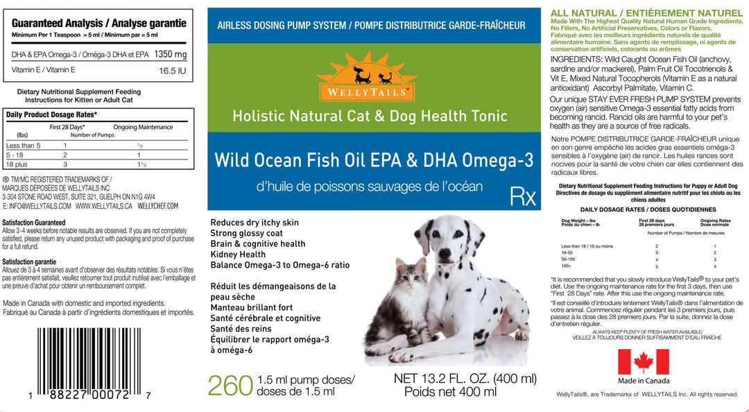 WellyTails Wild Ocean Fish Oil Omega-3 Blend Dog Rx BOMBA DOSIFICADORA SIN AIRE 400 ml