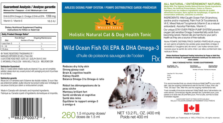 WellyTails Wild Ocean Fish Oil Omega-3 Blend Dog Rx BOMBA DOSIFICADORA SIN AIRE 400 ml